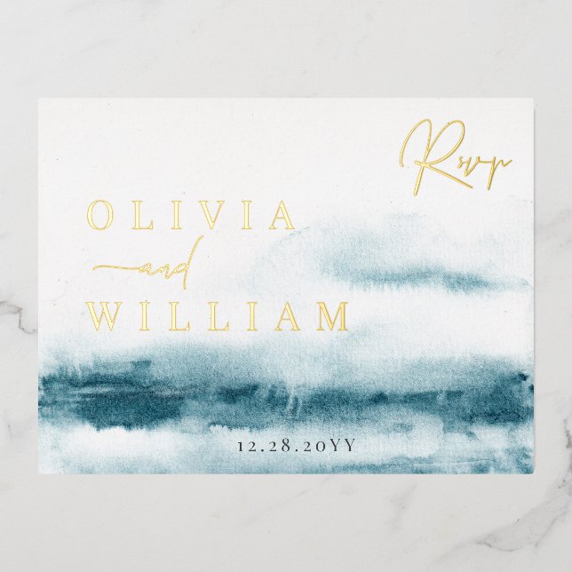 Blue Ocean Wedding RSVP Foil Postcard Folie Einladungspostkarte (Vorderseite)
