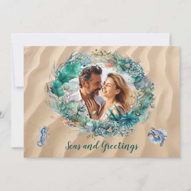 Blue Ocean Wreath Weihnachtsfotokarte Mitteilungskarte (Vorderseite)