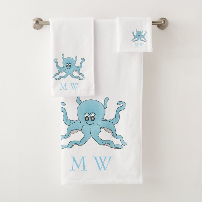 Blue Octopus Design Monogrammed Badhandtuch Set (Insitu)