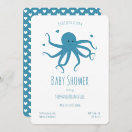 Blue Octopus Hearts Cartoon Baby Dusche Einladung