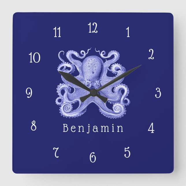 Blue Octopus Nautical Coastal Beach House Name Quadratische Wanduhr (Vorderseite)