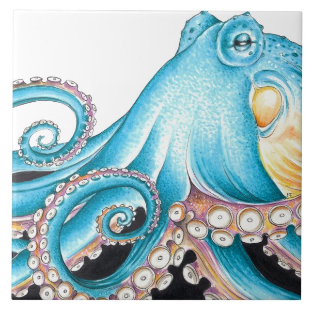 Blue Octopus On White Ink Fliese (Vorderseite)