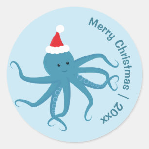 Blue Octopus Santa Merry Weihnachten Runder Aufkleber