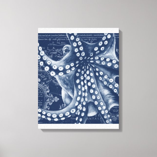 Blue Octopus Vintag Map Chic Leinwanddruck (Vorderseite)