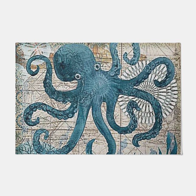 Blue Octopus Vintag Map Compass Bath Mat Fußmatte (Vorderseite)