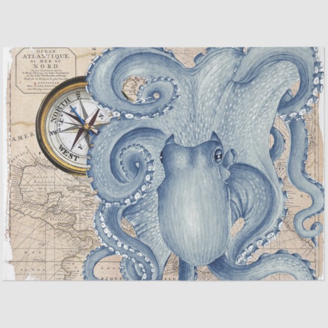 Blue Octopus Vintag Map Compass Nautic Seidenpapier (Vorderseite)