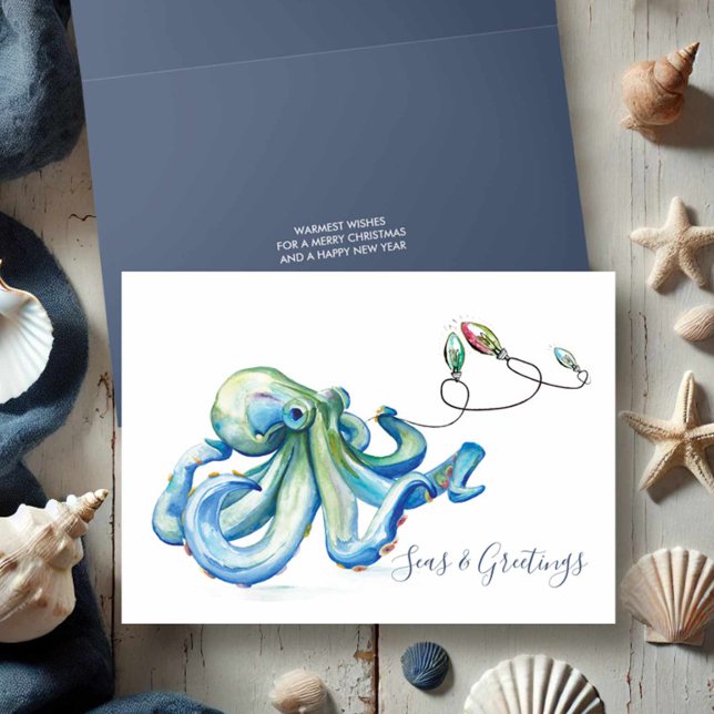 Blue Octopus Watercolor Beach Weihnachten (Beach Christmas cards watercolor blue octopus and holiday lights by Victoria Grigaliunas)