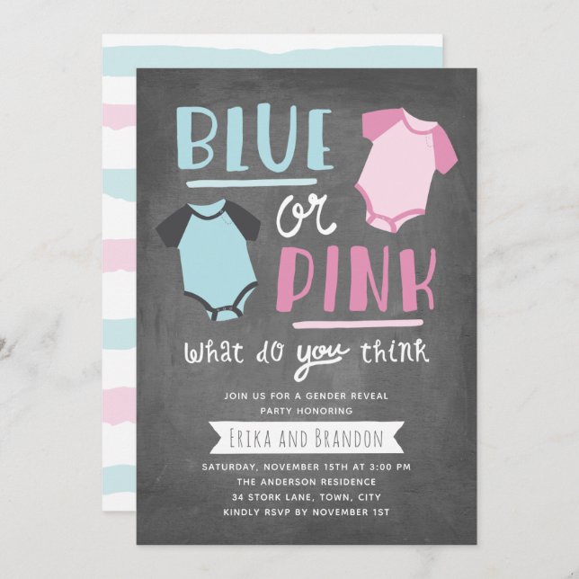 Blue oder Pink Baby Gender Reveal Party Chalkboard Einladung (Vorne/Hinten)