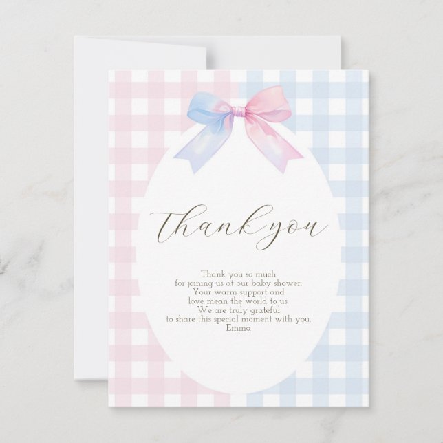 Blue oder Pink Gingham Bow Danke-Card Dankeskarte (Vorderseite)