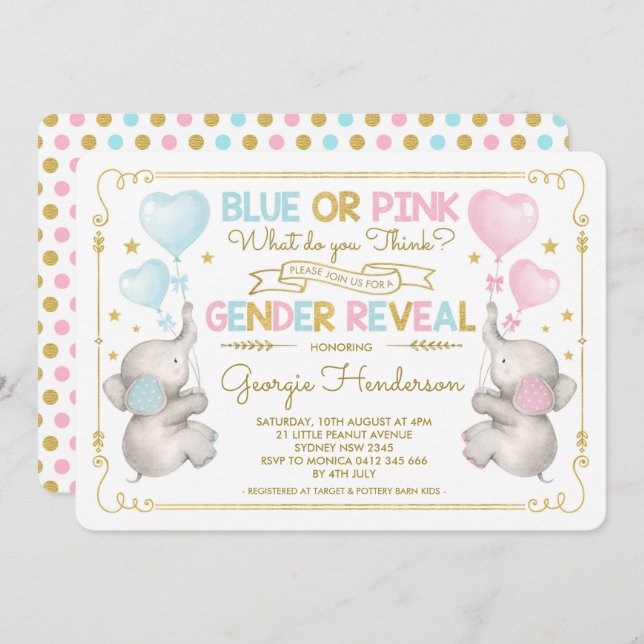Blue oder Pink Twins Elephant Gender Reveal Baby Einladung (Vorne/Hinten)