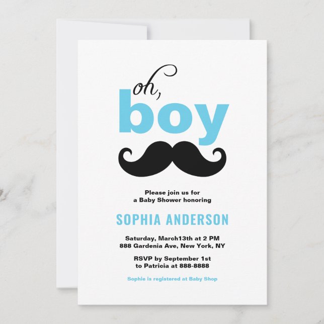 Blue Oh, es ist eine Boy Mustache Baby Shower Einl Einladung (Vorderseite)