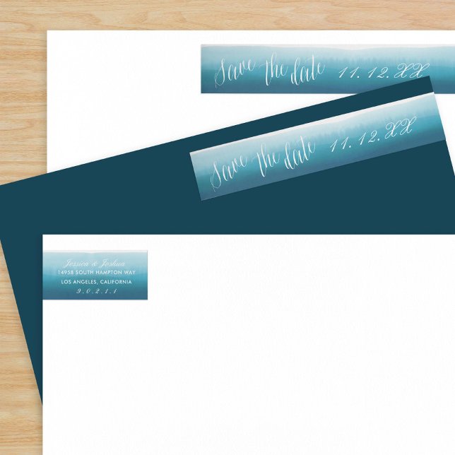 Blue Ombre Wasserfarbe Save the Date Rücksendeadre (Von Creator hochgeladen)