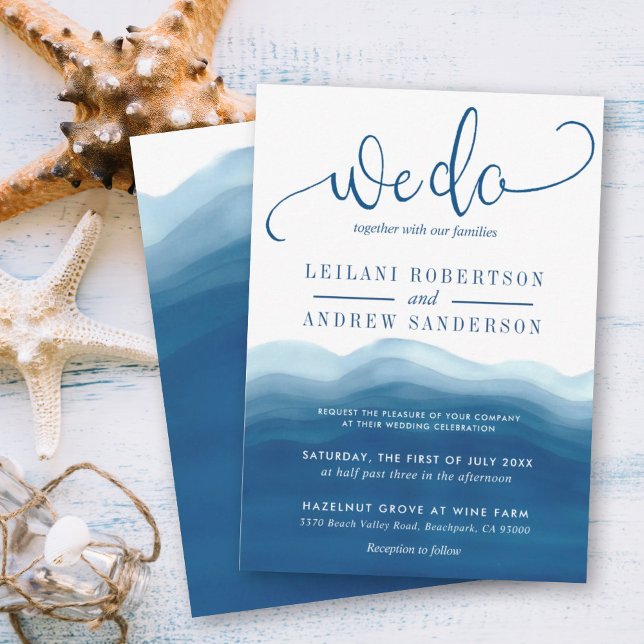 Blue Ombre Wasserfarbenwelle, die wir Hochzeit mac Einladung (We do hand lettered beach-inspired wedding invitation with a blue wave watercolor ombre background.)