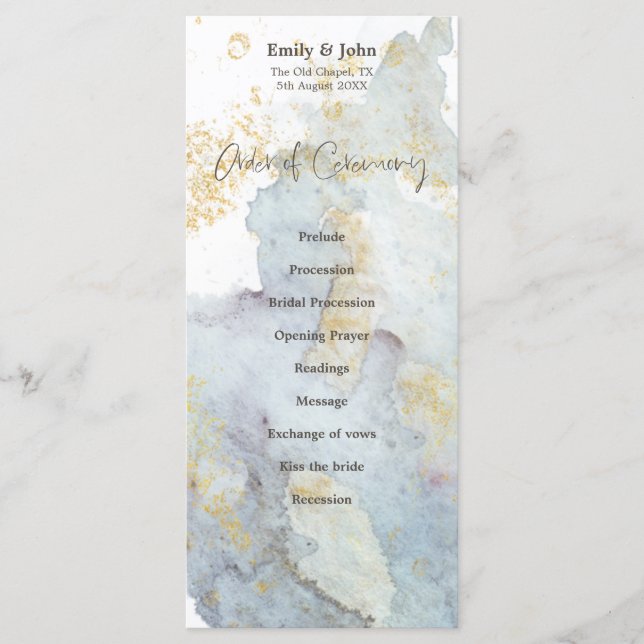 Blue Ombre Watercolor Gold Brown Script Wedding Programm (Vorderseite)