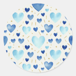 Blue Ombre Watercolor & Gold Glitter Heart Pattern Runder Aufkleber