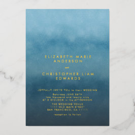 Blue Ombre Watercolor Minimalistisch Wedding Gold Folieneinladung