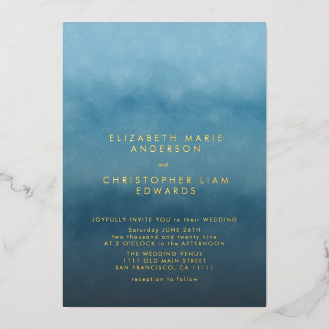 Blue Ombre Watercolor Minimalistisch Wedding Gold Folieneinladung (Vorderseite)