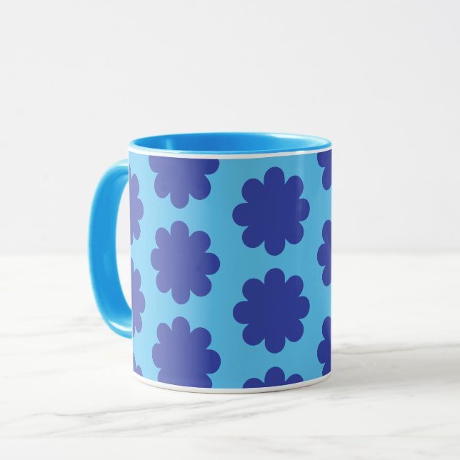 Blue on Aqua Retro Blume Art Tasse Cup (Vorderseite Links)