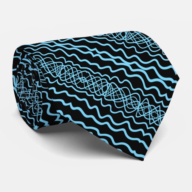 Blue On Black Curvy Twisty Line Drawing Pattern   Krawatte (Gerollt)