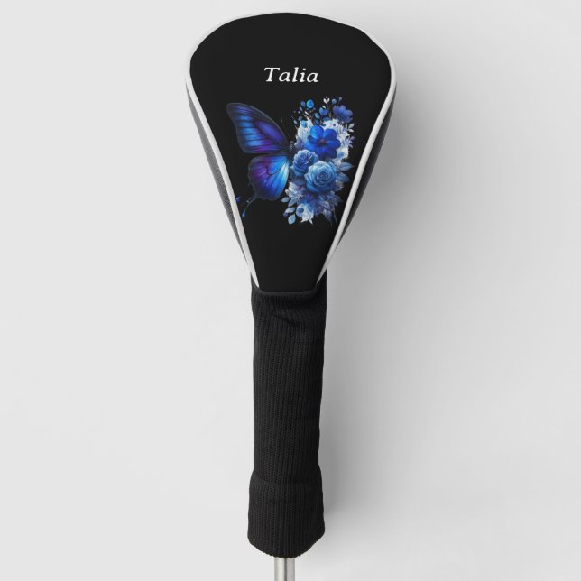 Blue on Black Floral Butterfly Personalisiert Golf Headcover (Vorderseite)