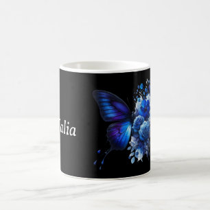 Blue on Black Floral Butterfly Personalisiert Kaffeetasse