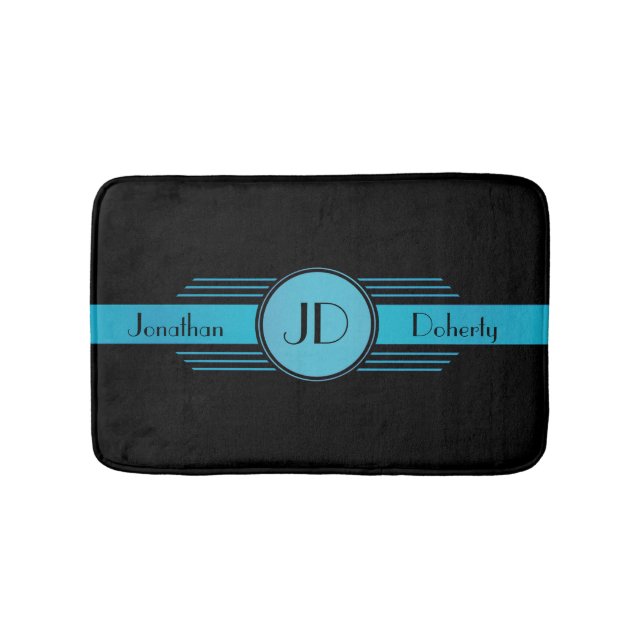 Blue on Black Monogram Art Deco Badematte (Vorderseite)