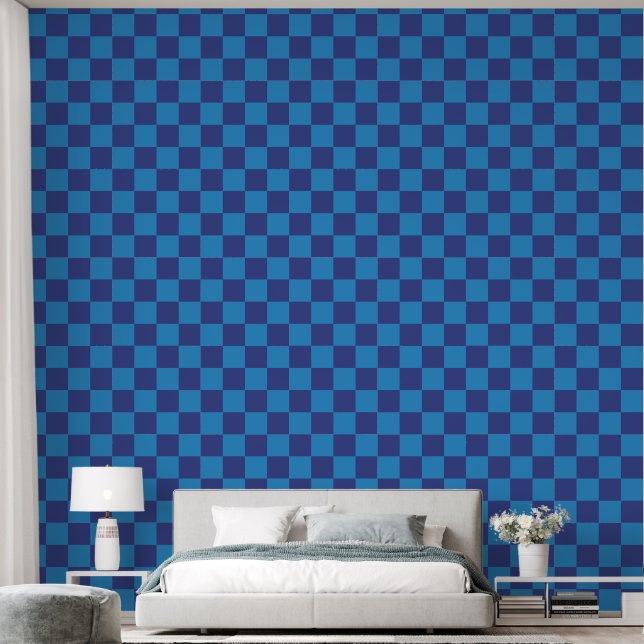 Blue on Blue Checkerboard Gemustert Tapete (Schlafzimmer)