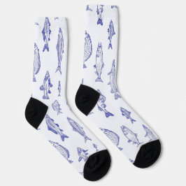 Blue on white fish pattern upstream socken