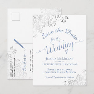 Blue on White Lacy Silver Wedding Save the Date Ankündigungspostkarte