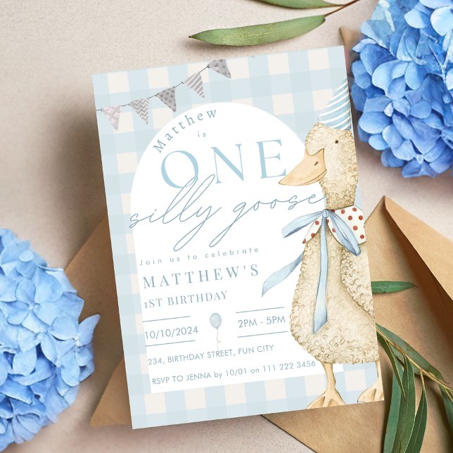 Blue One Albern Goose Gingham 1. Geburtstag Einladung (Blue One Silly Goose Gingham 1st Birthday Invitation)