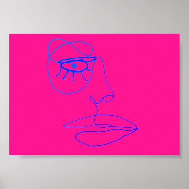 Blue One Line Face Art Poster (Vorne)