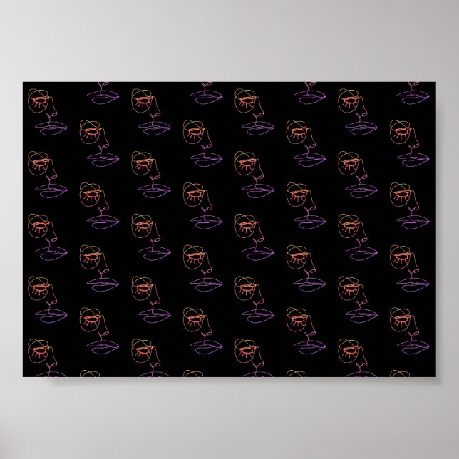 Blue One Line Face Art Poster auf schwarz (Vorne)