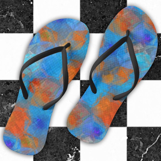 Blue Orange Abstrakt Art Sommer Flip Flops (Modern design flip flops featuring an abstract orange and turquoise happy pattern)