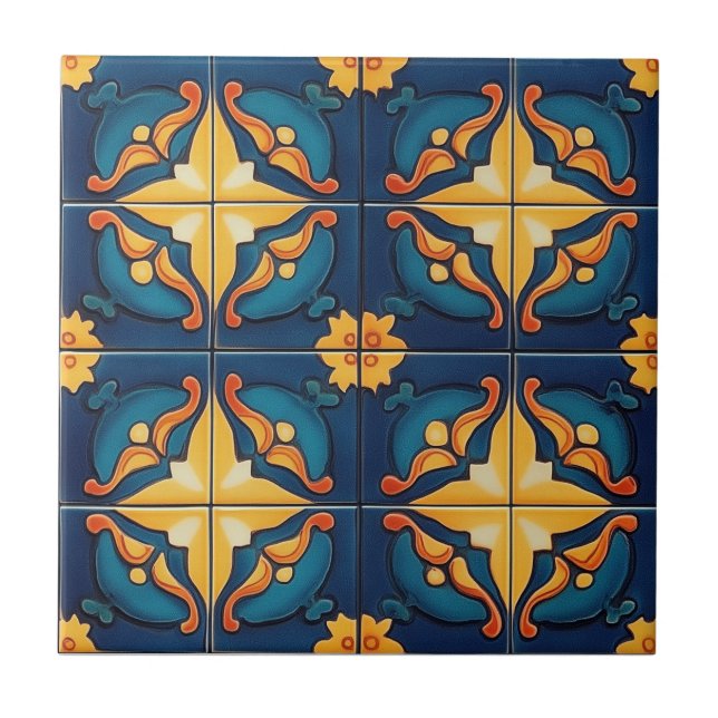 Blue Orange and Yellow Pattern Ceramic Tile Fliese (Vorderseite)