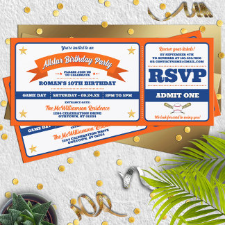 Blue & Orange Baseball Allstar Ticket Birthday Einladung