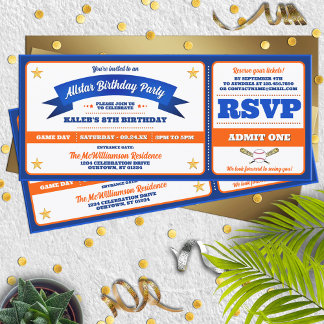 Blue & Orange Baseball Allstar Ticket Birthday Einladung
