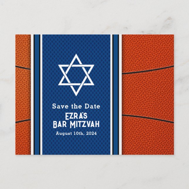 Blue Orange Basketball Bar Mitzvah Save the Date Postkarte (Vorderseite)