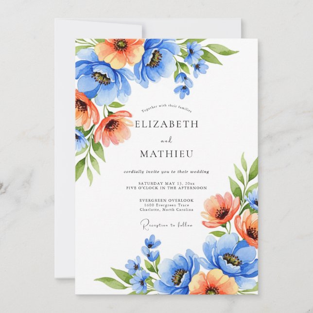 Blue Orange Blooming Romance Wedding Einladung (Vorderseite)