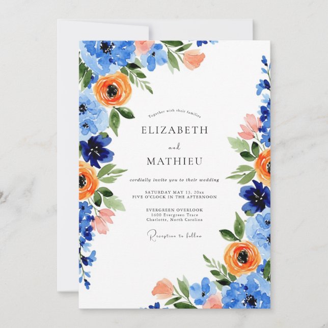 Blue Orange Blooming Spring Wedding Einladung (Vorderseite)