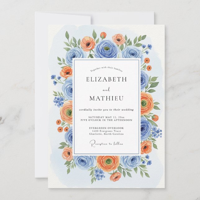 Blue Orange Blossom Romance Wedding Einladung (Vorderseite)