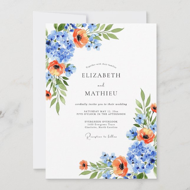 Blue Orange Blossom Spring Wedding Einladung (Vorderseite)