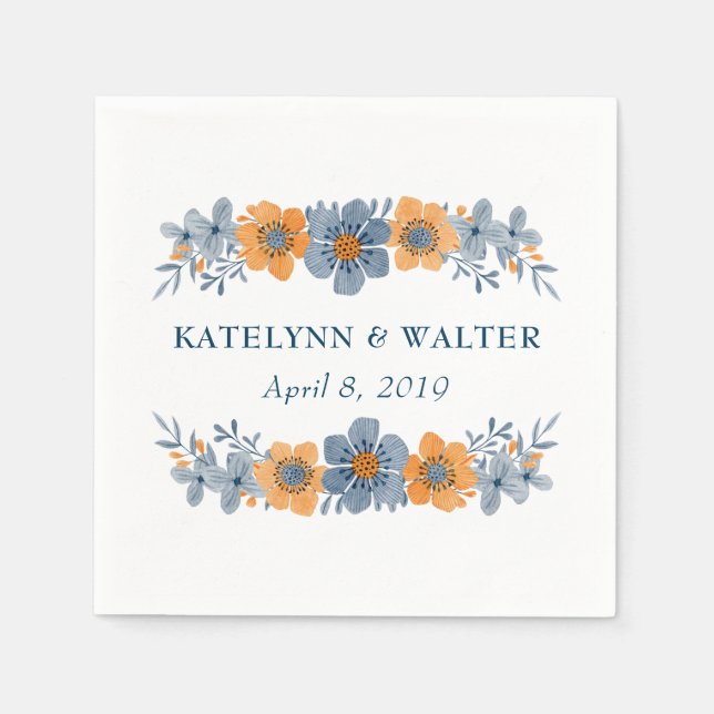 Blue & Orange Blume Wedding Custom Napkins Serviette (Vorderseite)