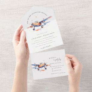 Blue Orange Blush Watercolor Air Flugzeug Hochzeit All In One Einladung