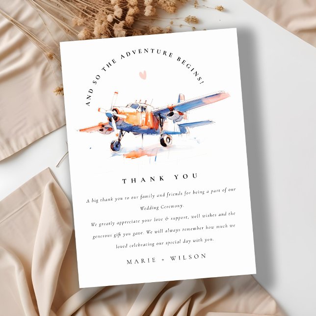 Blue Orange Blush Watercolor Air Flugzeug Hochzeit Dankeskarte (Von Creator hochgeladen)