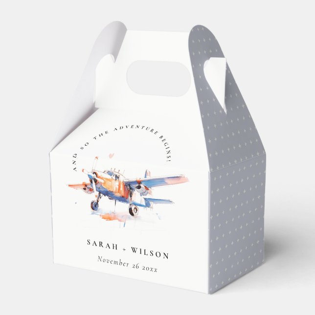 Blue Orange Blush Watercolor Air Flugzeug Hochzeit Geschenkschachtel (Vorderseite)