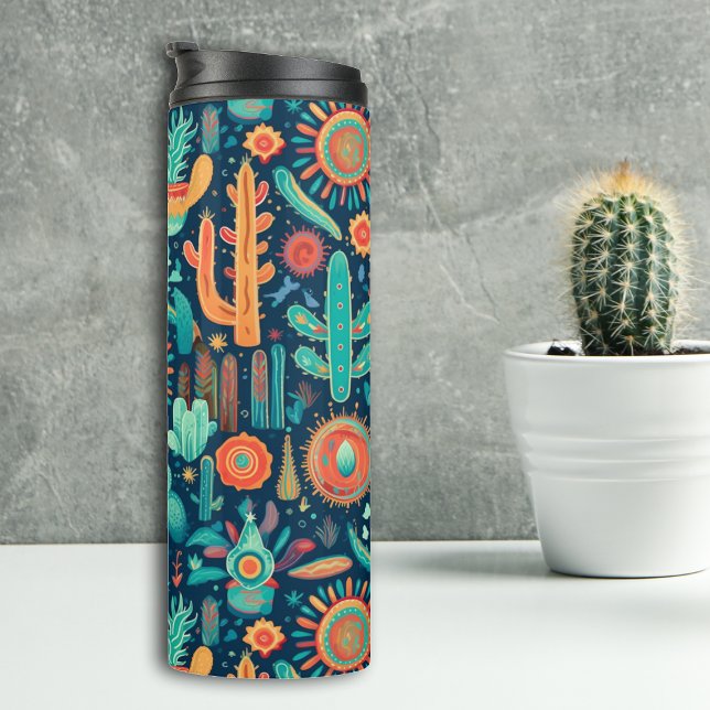 Blue Orange Boho Cactus Western Pattern Thermosbecher (Von Creator hochgeladen)