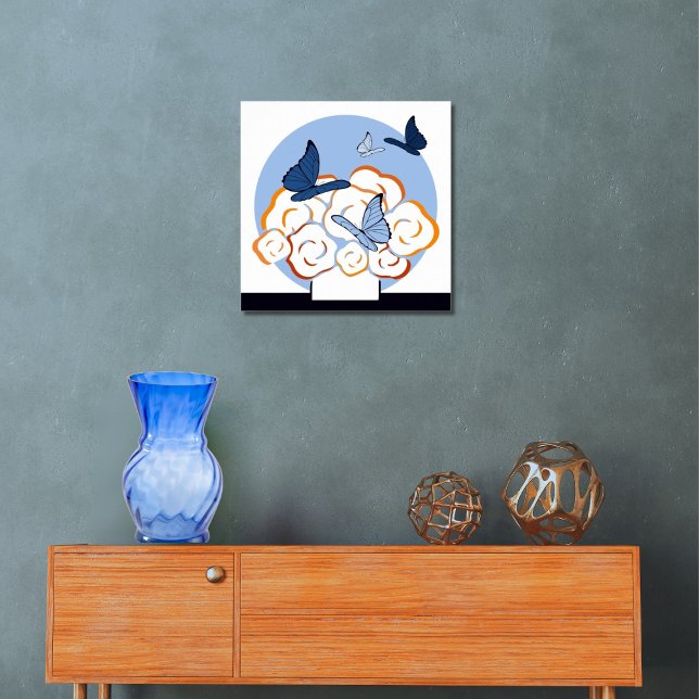 Blue & Orange Bouquet & Butterfets Square Poster (Blue & Orange Bouquet & Butterflies Square Poster, Entryway)