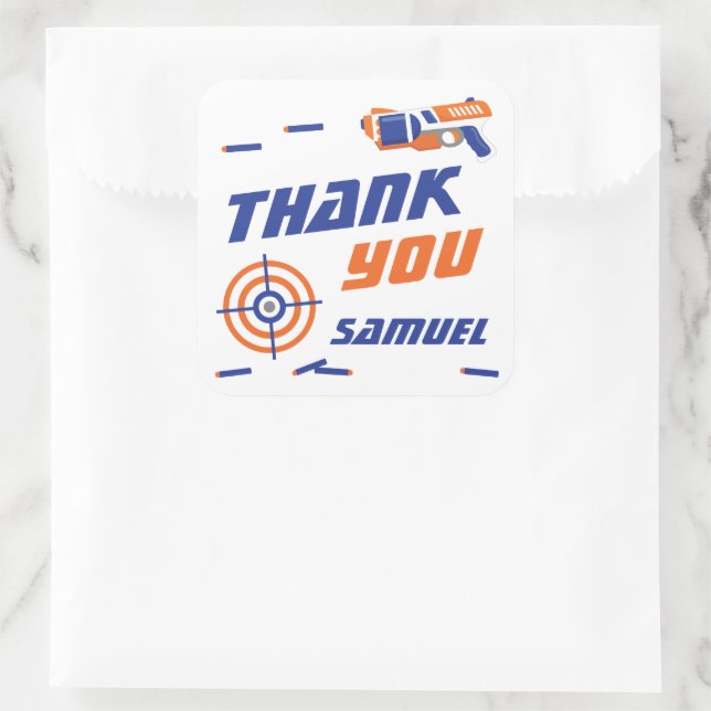 Blue, Orange Dart War Birthday Party Danke Quadratischer Aufkleber (Tasche)