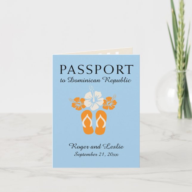 Blue Orange Dominican Republic Wedding Passport Einladung (Vorderseite)