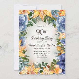 Blue Orange Floral 90. Geburtstag Einladung